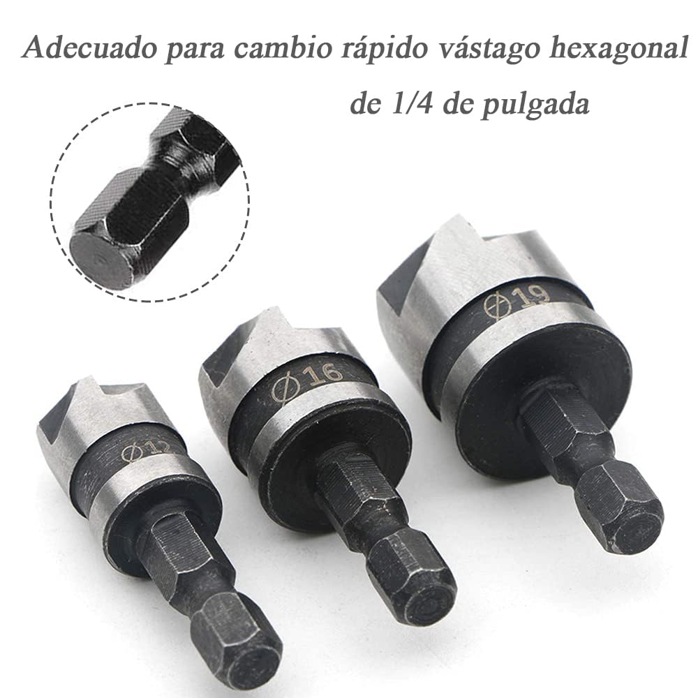 Treki 3PCS Broca Avellanadora Fresa de Biselado de 90 grados Broca Avellanada con 1/4" Hexagonal 12mm 16mm 19mm Taladros de Avellanado para Herramientas de Chaflán Madera Plástico Metal Blando