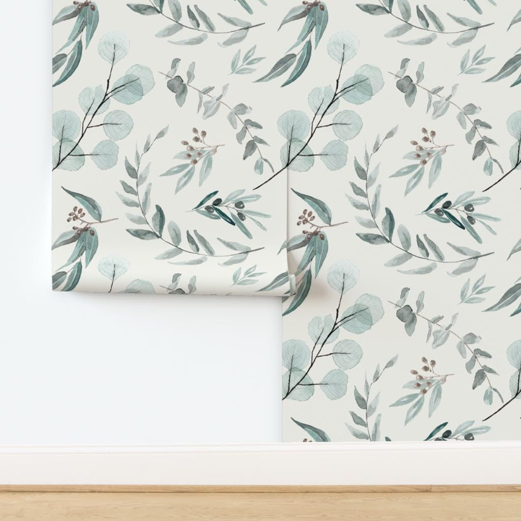 Removable Wallpaper 6ft x 2ft - Eucalyptus Leaves Large Scale Bone Background Australian Flora Custom Pre-Pasted Wallpaper by Spoonflower
