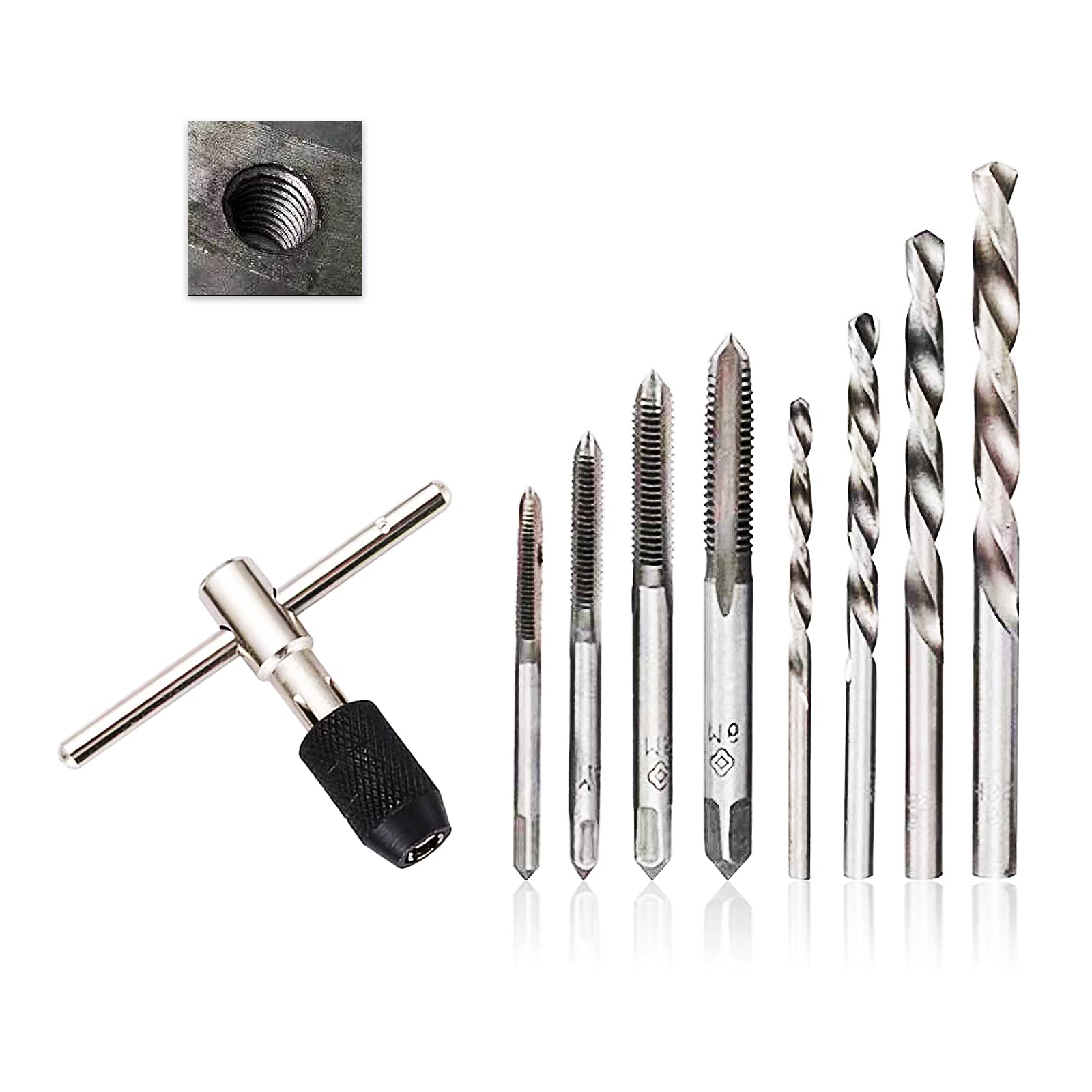 Metric Tap Drill Bit Set, M3/4/5/6 Hand Screw Thread Tap Drill Bit Set+ Adjustable T-Handle Tap Wrench+ 4PCS HSS Drill Bit Set, MTS-9