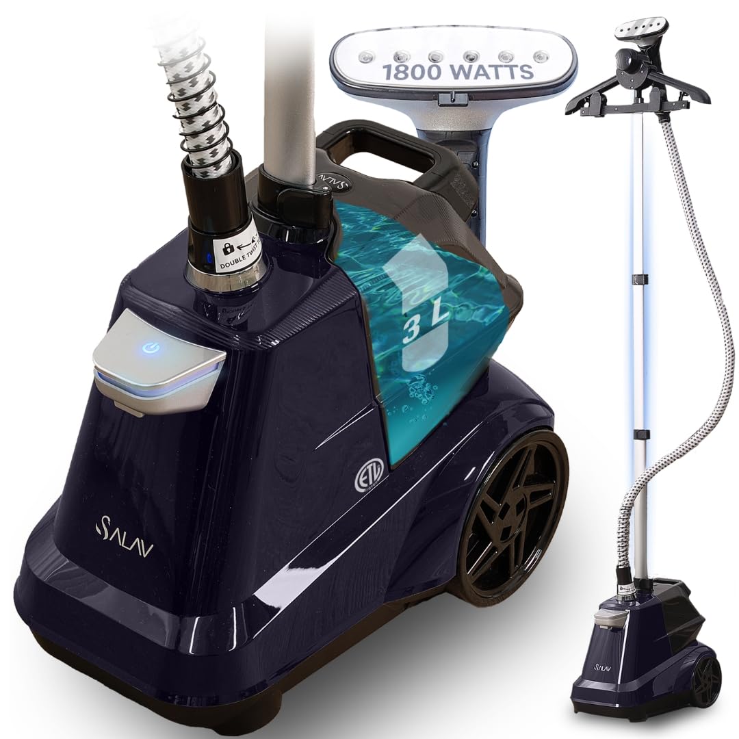SALAV Heavy Duty Commercial Full-Size Garment Steamer with Foot Pedals and Extra Large 3L (101.5 oz) Water Tank, 1800 watts of Poweful Steam (Navy)SALAV Heavy Duty Commercial Full-Size Gar…