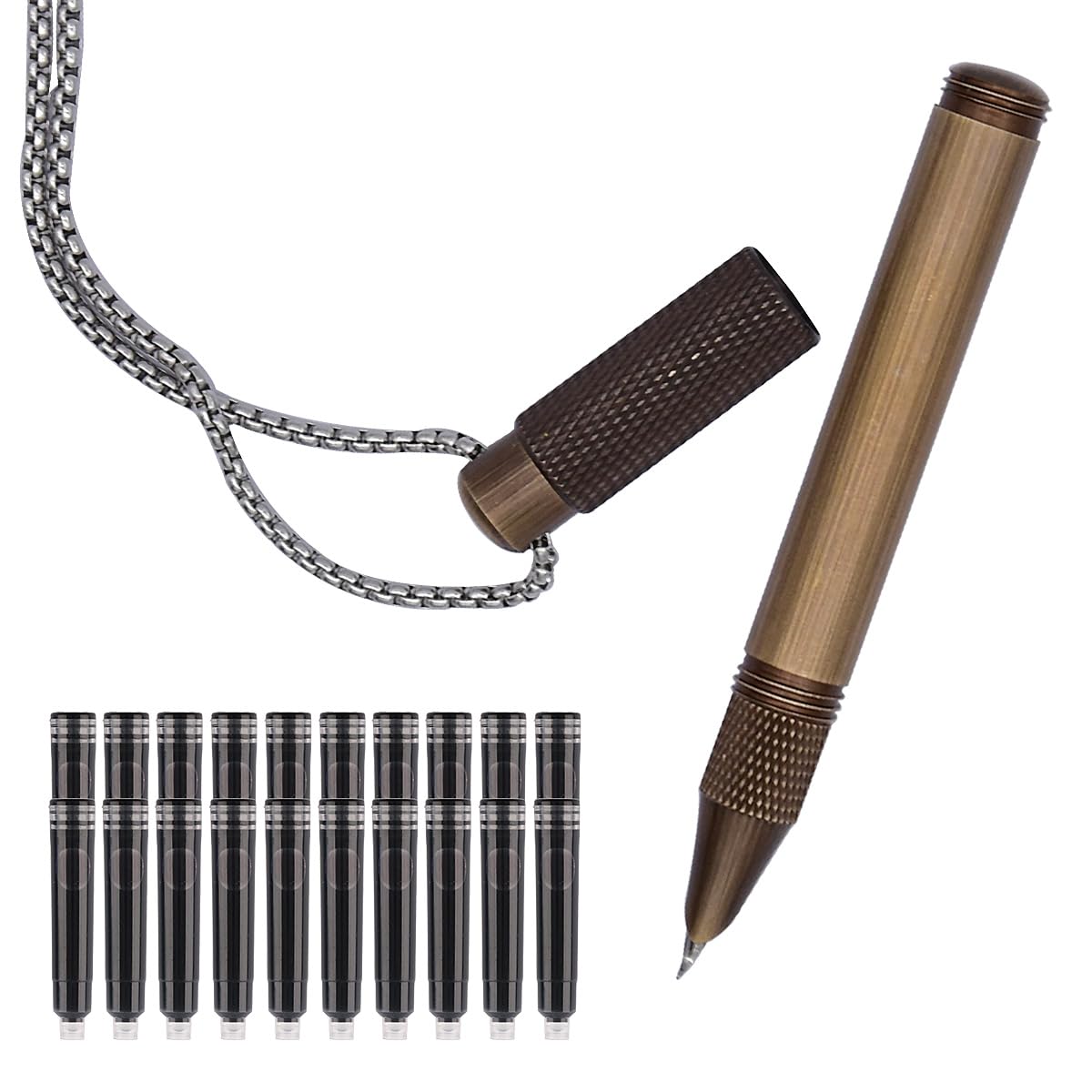 SIPLIV Brass Pendant Pen (88mm) Short Paragraph Pocket Mini Travel Calligraphy Pen with 20 Pcs Black Ink Cartridges, Bent Nib