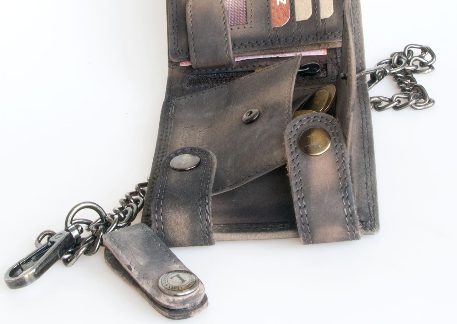 FLW Cartera de moto de piel auténtica gris y marrón con estampado de calavera, cartera para hombre con cadena de metal de 45 cm, mosquetón, trabilla para cinturón y protección RFID