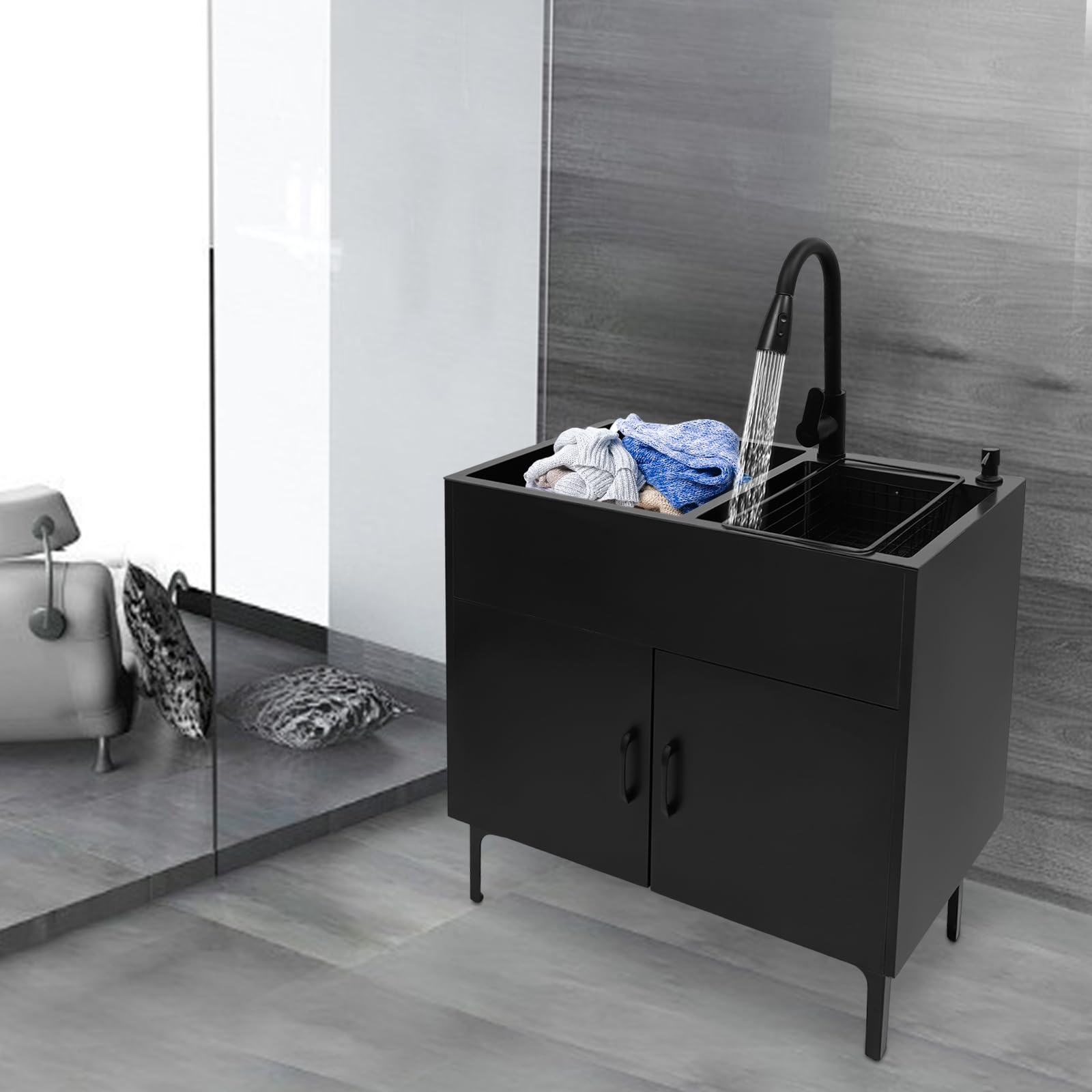 81x43x78cm Freistehende Küchenspüle mit Unterschrank Wassersäule Sprühstrahl Wasserauslass-Modi Doppelbecken Spülenschrank für Küche, Garten, Outdoor, Werkstatt (Schwarz)