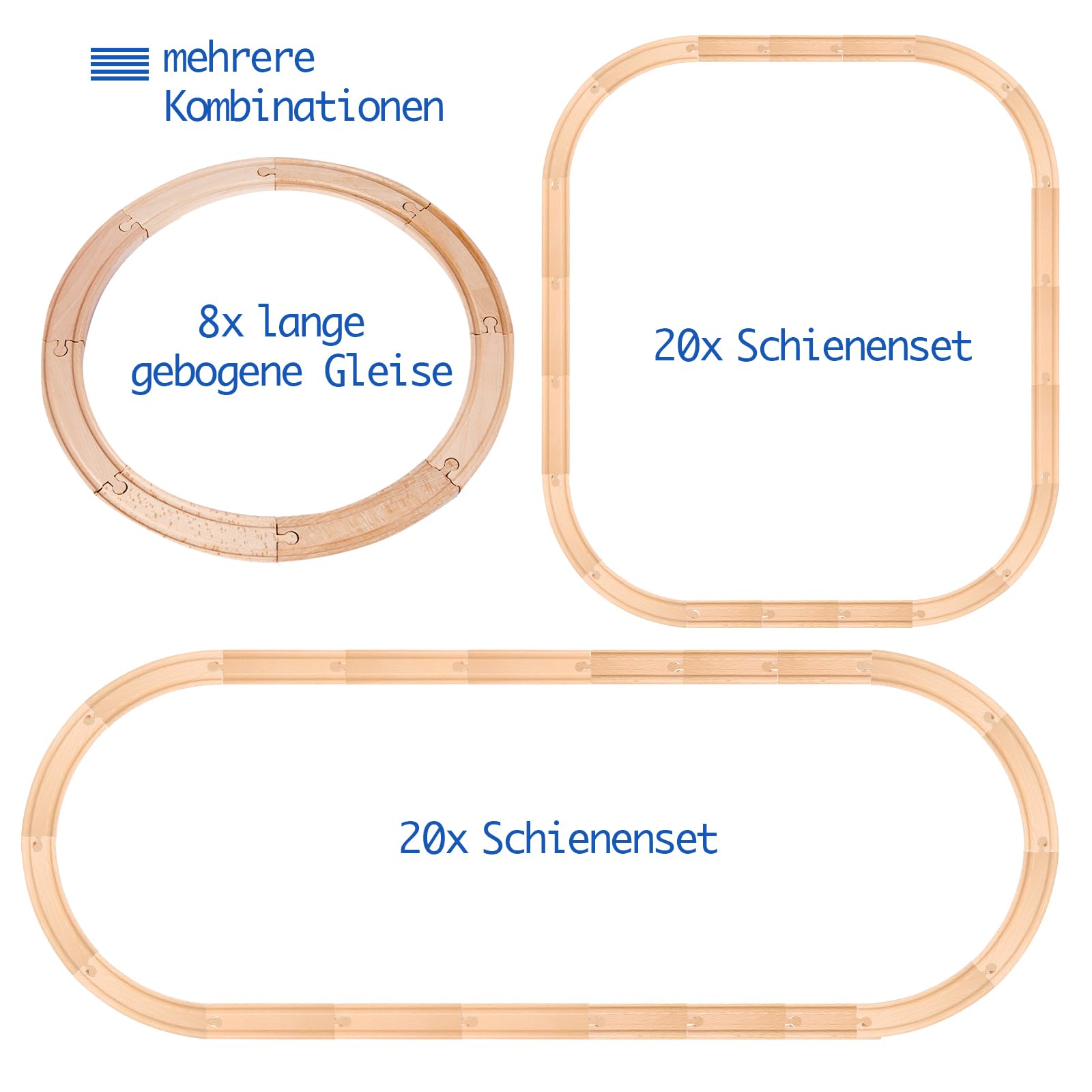 Set di 20 binari per ferrovie, rotaie dritte e curve formano una ferrovia rotonda in legno, per bambini dai 3 anni in su (20 pezzi)