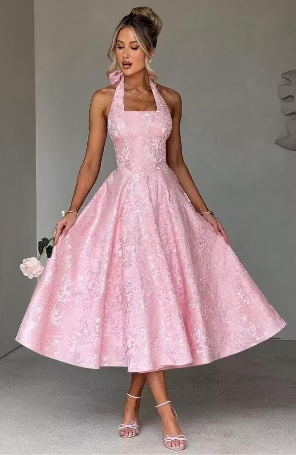 Jacquard Satin Prom Dresses 2026 with Bow A-line Midi Halter Square Neck Formal Party Gowns with Pockets - Image 3