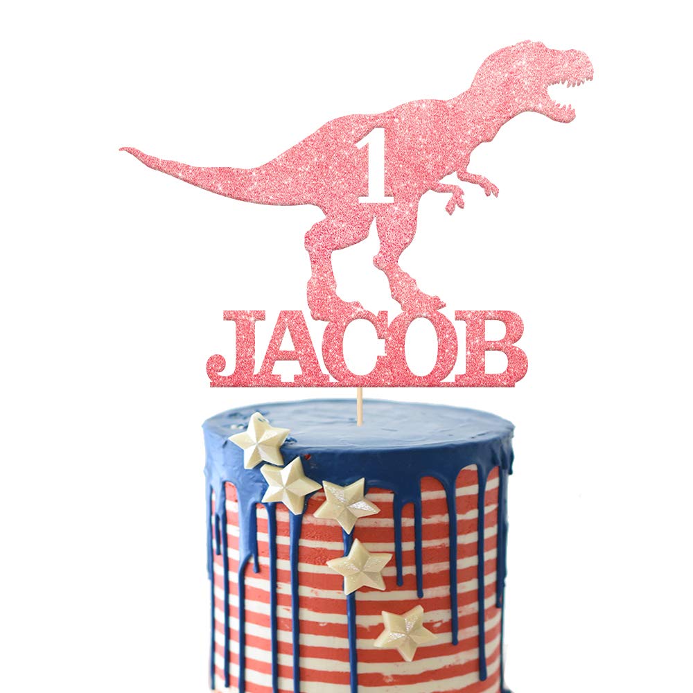 EDSG Personalised Dinosaur Cake Topper for Boy with Any Name Any Age | Multicolour Glitter Dragon Topper for 1st, 3rd, 5th, 7th, 9th, 13th Birthdays (Baby Pink)