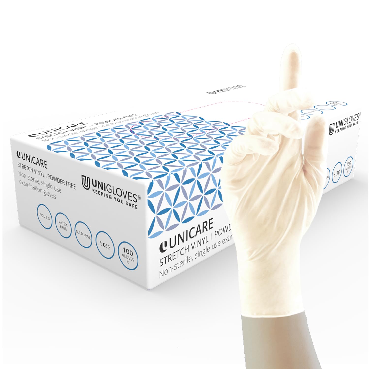 Unigloves Unicare Stretch Vinyl GS0132-A Examination - Multipurpose, Stretch Vinyl Disposable Gloves, Box of 100 Gloves, Natural, Small