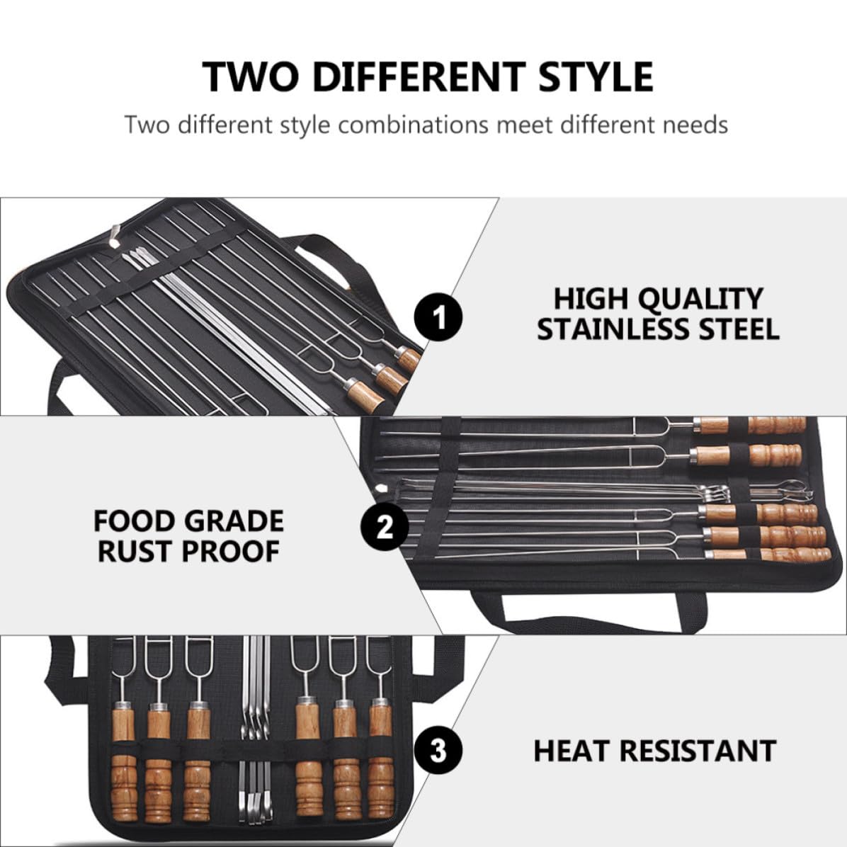 10 Pezzi Spiedini per Barbecue in Acciaio Inox con Manico in Legno e Borsa, Spiedini per Grigliata Neri, Antiruggine, per Cena in Famiglia e Grigliate All'aperto