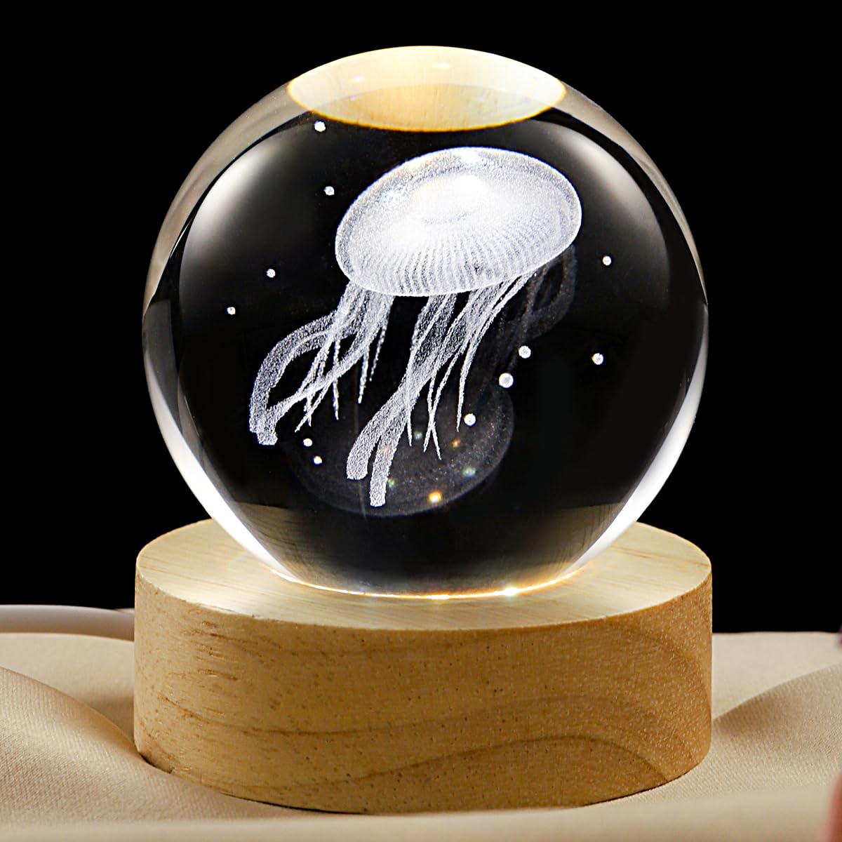 3D Jellyfish Crystal Ball Lamp with Dimmable LED and Wooden Base, Night Light for Kids Teens Adults, Home Desk Office Bedroom Decor, Birthday Gift (2.4”/ 6cm)