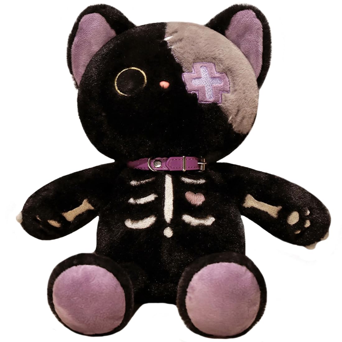 ELAINREN Halloween Skeleton Cat Plush Toy,Creepy Goth Black Kitten Stuffed Crazy Kitty Dolls,Dreadful Kitty Cat Plushie Kitten Gifts,15.7Inch