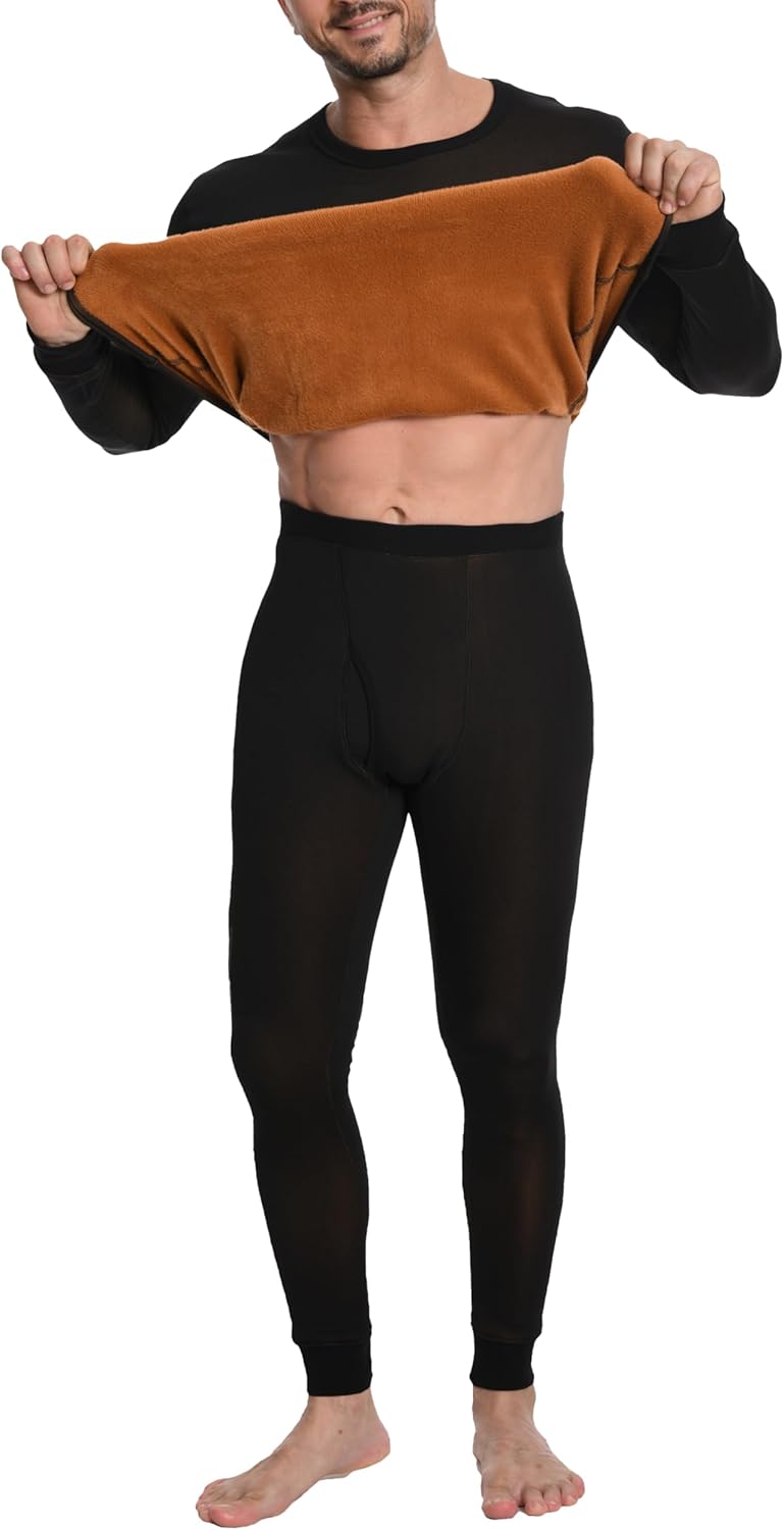 Men's Thermal Underwear Lightweight Gold Fleece Breathable Baselayer for Winter Sports Stretch Loungwear with Fly