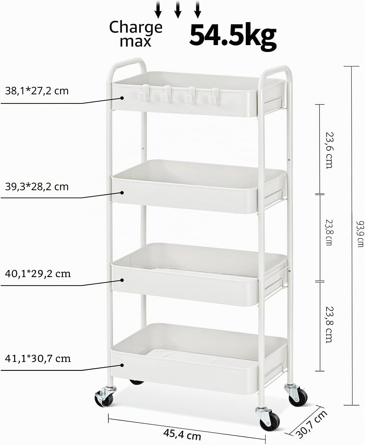 KINGRACK Chariot de rangement en métal à 4 niveaux sur roulettes, pour livres de beauté, thé, art du thé, pour la maison, la salle de bain, la cuisine, le linge, pas besoin de vis, chariot utilitaire