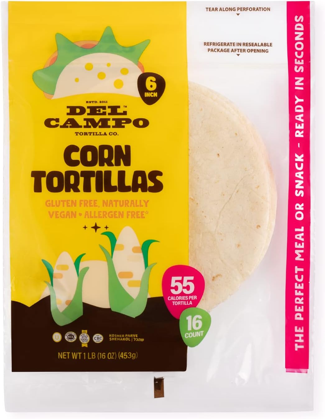 Del Campo Soft Corn Tortillas – 6 Inch Round 1 Lb. Bag. 100% Delicious, Gluten Free and All-Corn Authentic Mexican Food. Many Serving Options: Wraps, Tacos, Quesadillas or Burritos, Kosher. (16ct.)