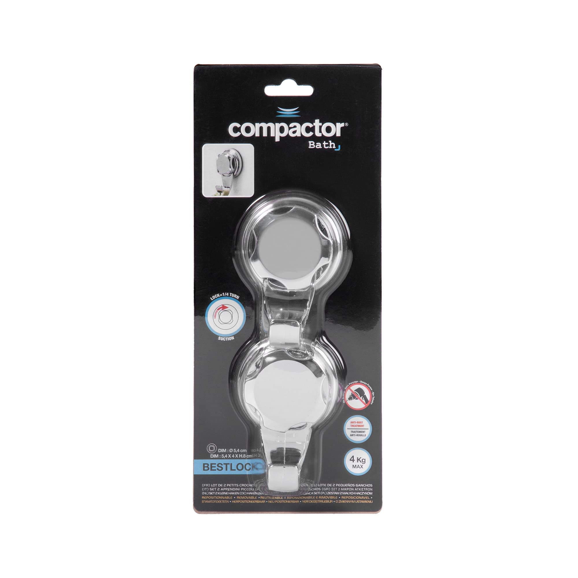 Compactor Bestlock Zestaw 2 najlepszych haczyków naściennych, montaż na przyssawkach bez wiercenia, nośność do 4 kg, chromowane żelazko, odpornie na rdzę, wymiary 5,4 x 4 x 8 cm, chrom