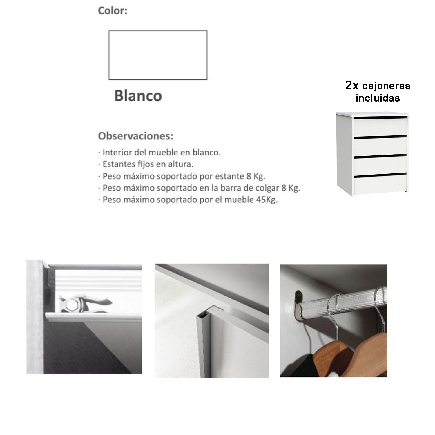 Armario Dormitorio Ropero con Dobles cajoneras Armo 2 Puertas correderas 8 cajones Total