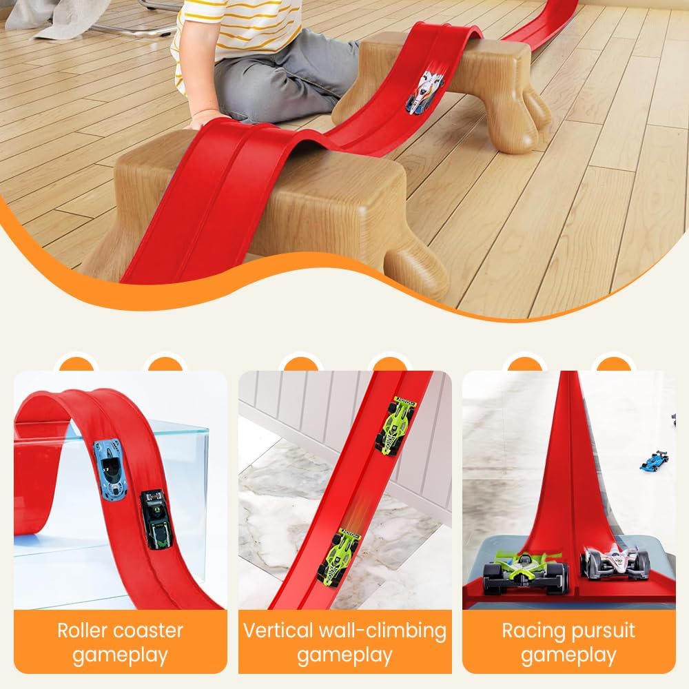 DIY Racetrack Racing Toy, 2026 New Flexible Race Track for Kids, Rolls Up Portable DIY Ramp with Suction Cups and 1/64 Scale Diecast Cars Christmas Birthday Gifts for Kids Teen Girls Boys (Blue)