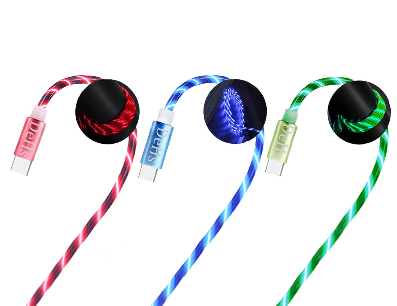 Awaqi 3 Packs 3A USB C Cable 5ft 360° Visible EL Flowing Light Charging Cable LED Light Up Glowing USB Type C Cable Cord for Galaxy Note 10 Plus/Note 9/S10/S9/S8 Plus/Pixel/LG V30 (Blue/Red/Green)
