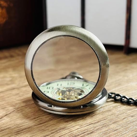 Mechanical Pocket Watch with Chain for Men Half-Hunter Case Hand Wind Up Analog Pocketwatch for Women Ideal Gifts