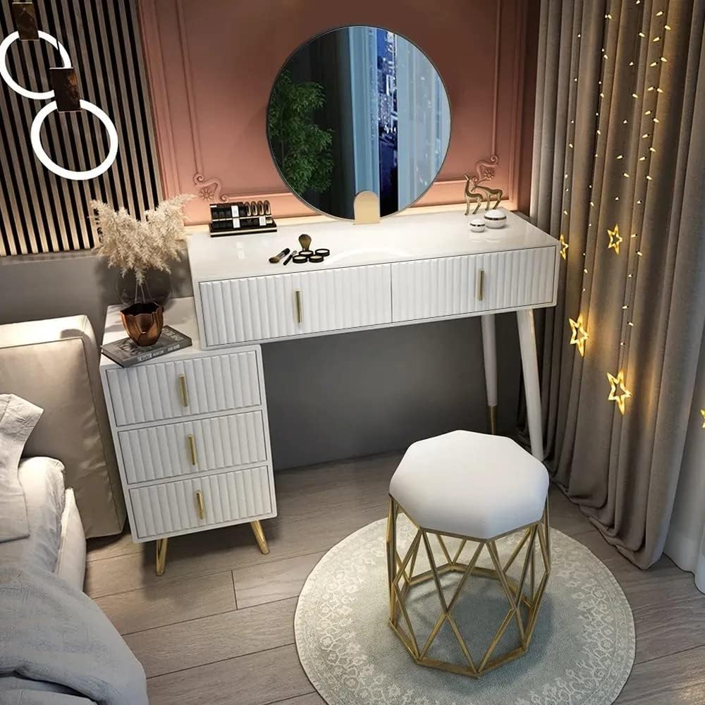 NG Decor White Makeup Vanity with Nesting Stool Dressing Table with 5 Drawers - (Mirror & Stool Included)-image-16