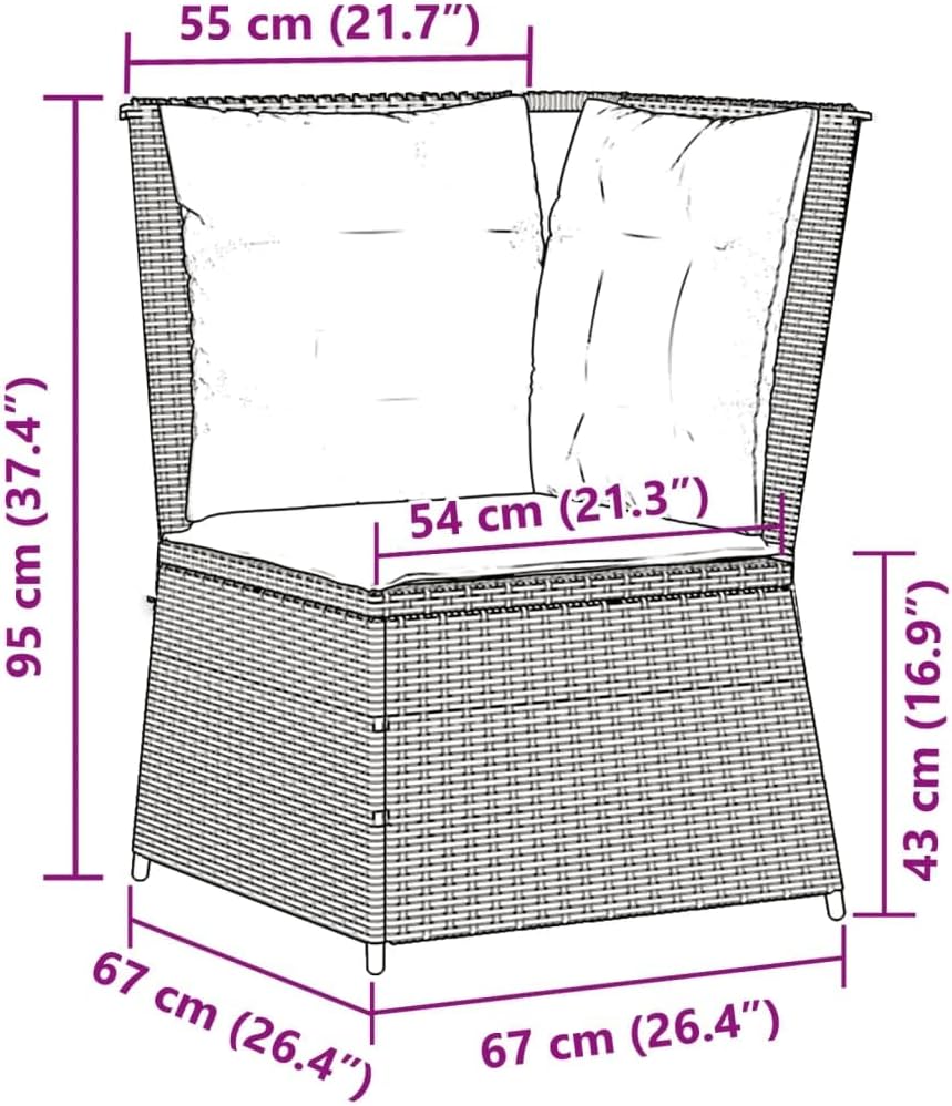 10.4x10.4x14.7 in Gray Outdoor Corner Sofa Synthetic PE Rattan Modular Patio Loveseat Cushions Powder-Coated Steel Frame for Balcony Garden Backyard