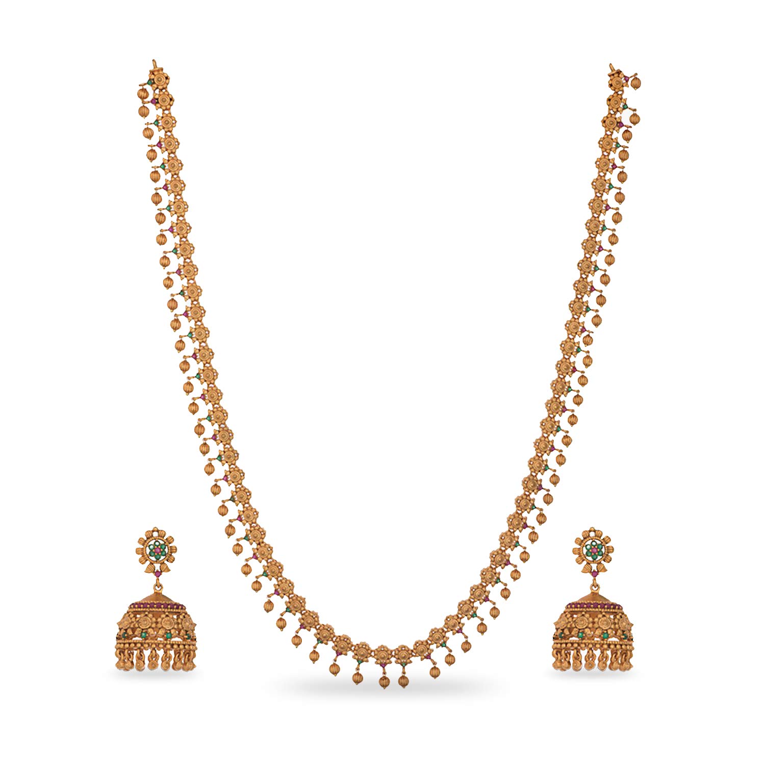 Tarinika Gold-Plated Indian Jewelry Set with Long Necklace and Earrings - Red Green