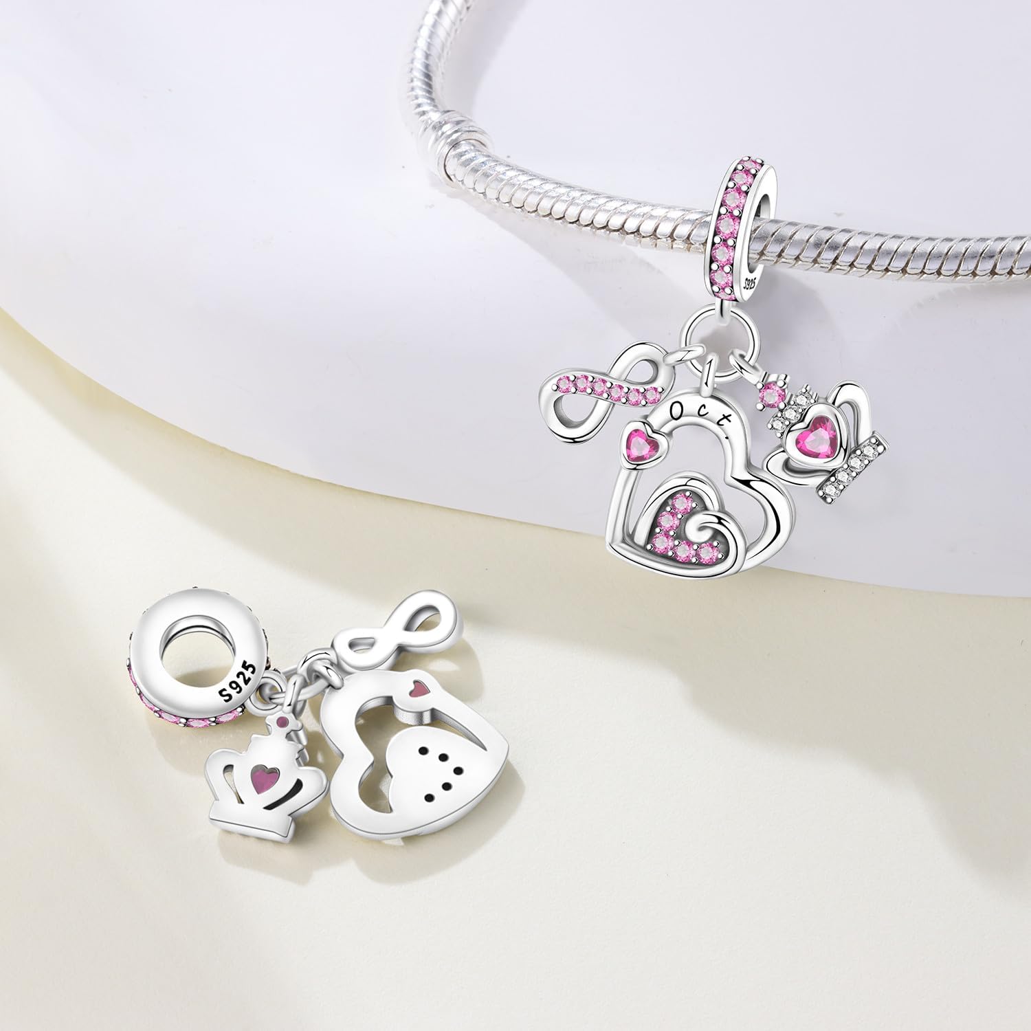 CYCUFF 2 Pack Birthstone Charms 925 Silver Charms for Bracelets Necklace Heart Charm Jewellery Birthday Gift for Women Family Friends - Image 2