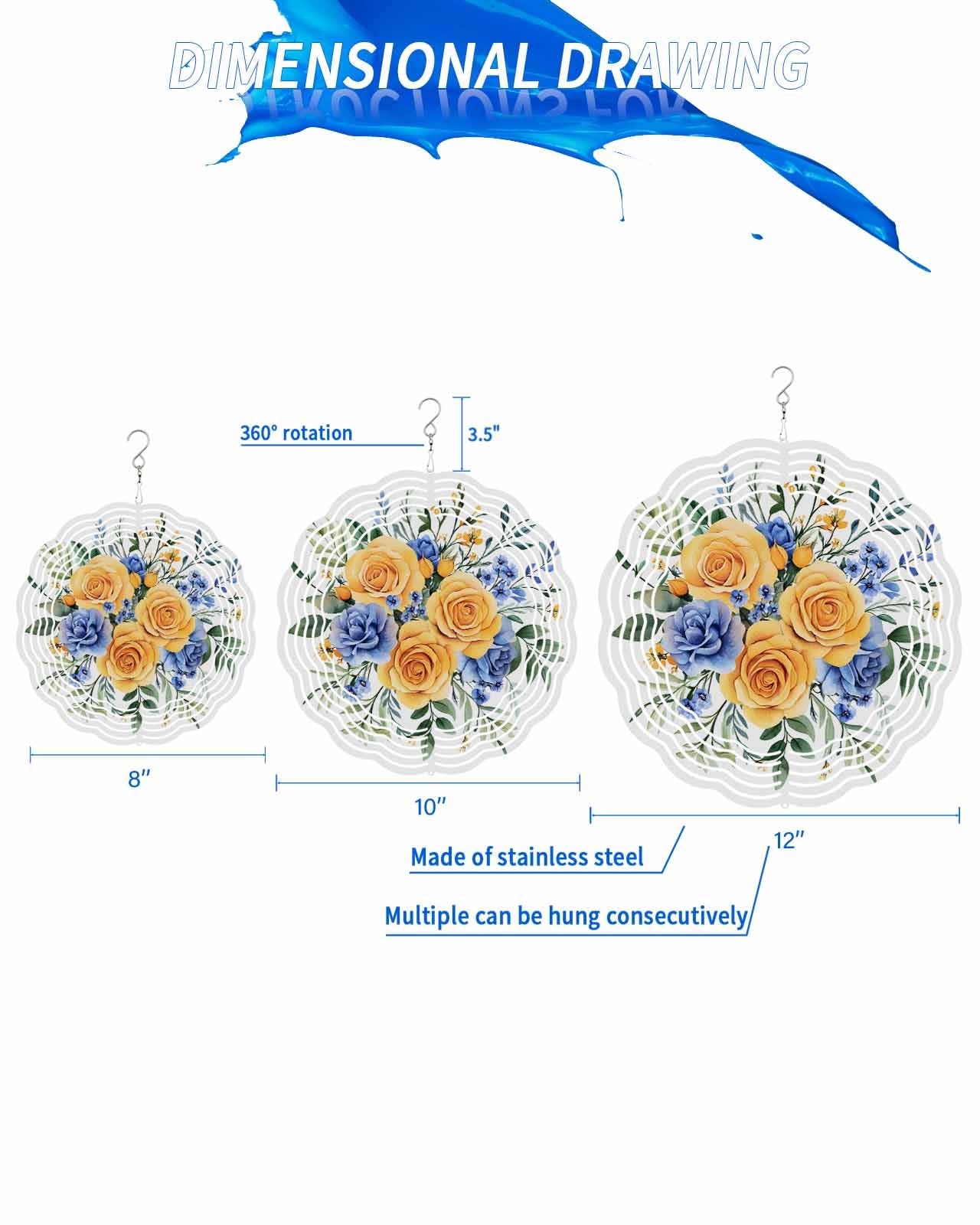 Botanical Wind Spinners, Blue Yellow Roses Flowers Hanging Wind Spinners for Yard and Garden 3D Stainless Steel Metal Sculptures Crafts Ornaments 10 Inch
