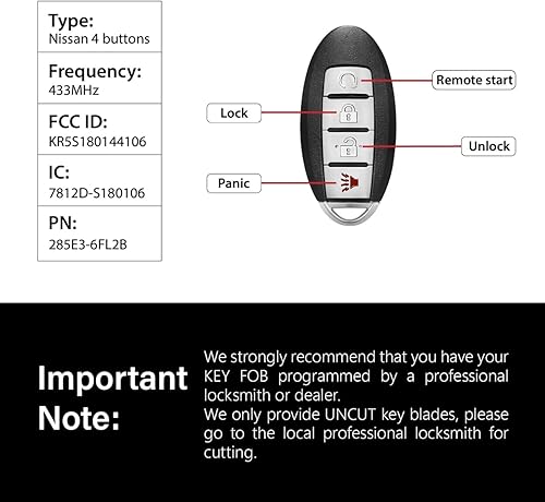 Miniatura 3 de Control remoto de entrada sin llave KR5S180144106 433MHz 4 botones de repuesto para Nissan Rogue 2017-2018