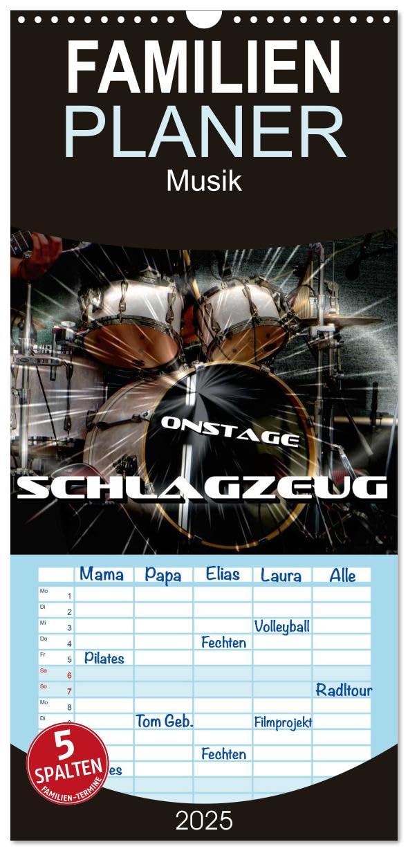 Familienplaner 2025 - Schlagzeug onstage mit 5 Spalten (Wandkalender, 21 cm x 45 cm), CALVENDO: Eindrucksvolle Konzertaufnahmen und Closeups von verschiedenen Schlagzeugen (CALVENDO Kunst)