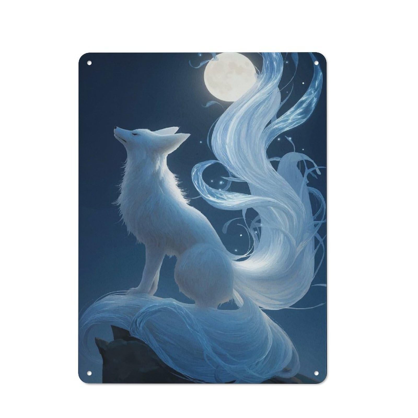 Junmoney Style-8 Art Fox Under Moonlight Retro Tin Wall Plaque 40X30cm For Guest Room Or Hallway, For Vintage Wall Decor Fans, For Themed Room Decoration