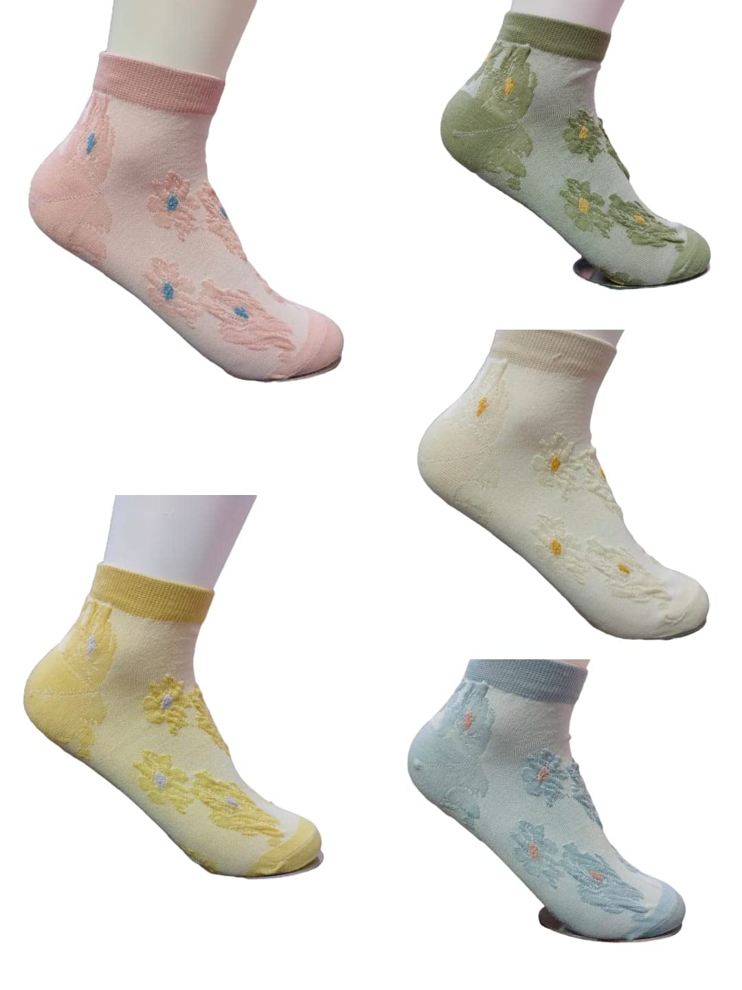 Women's and girls ankle length socks made by cotton flower design thread work (pack of 5) free size colour yellow pink grey green beige-image-11