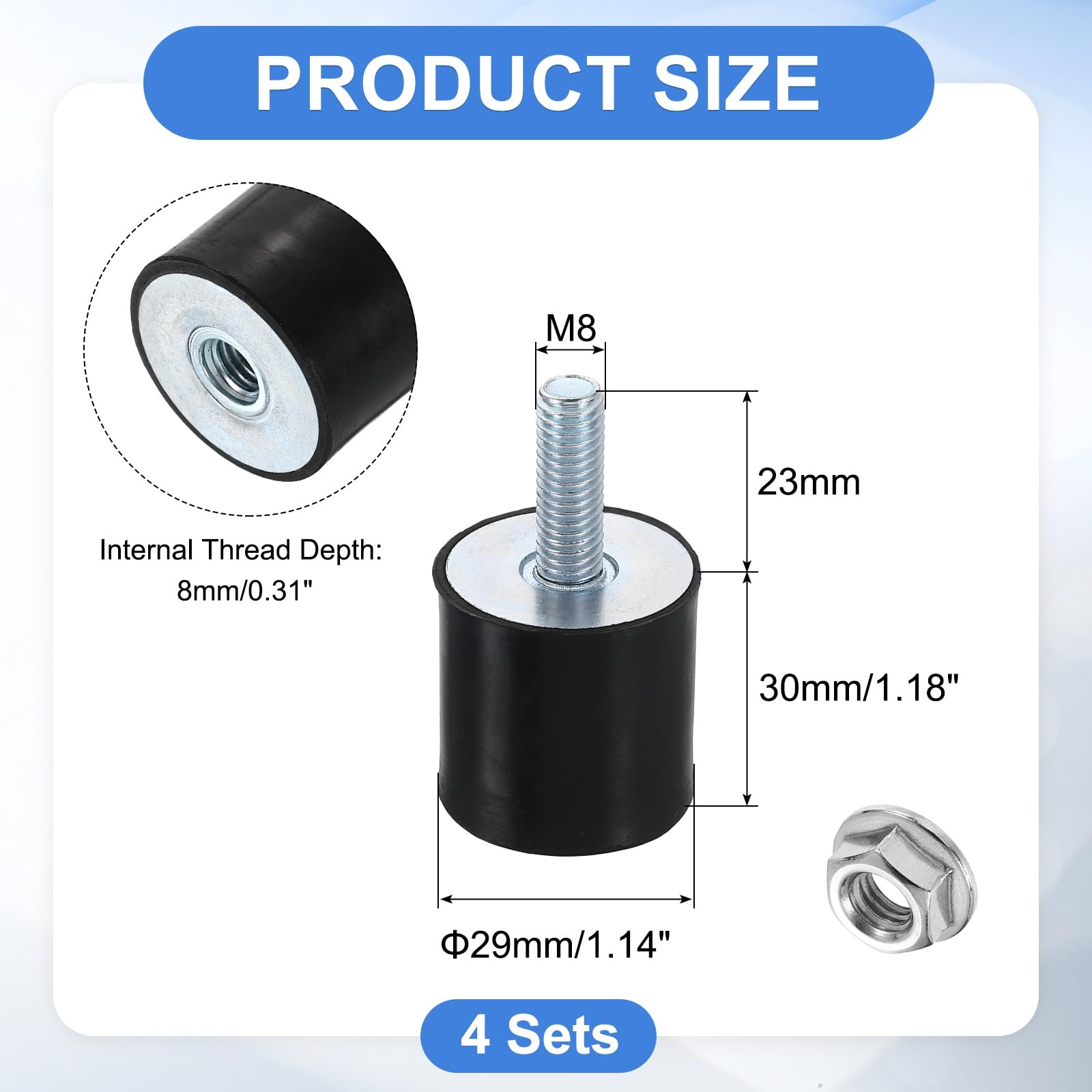 uxcell M8 Rubber Mounts, 4Pcs 30x30mm(DxH) Rubber Cylindrical Anti Vibration Isolator Shock Absorber with Lock Nut for Car Bobbin Generator Air Compressors — Amazon image 2