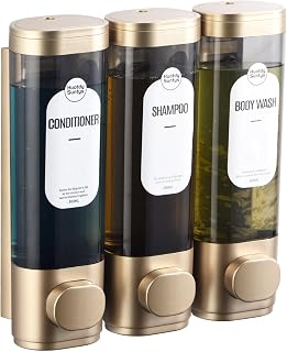 HuotdySuntys 3-Chamber Wall-Mounted Shampoo Conditioner Dispenser Shower - No Drill, 300ml x3, Bronze Gold for Bathroom Hotel