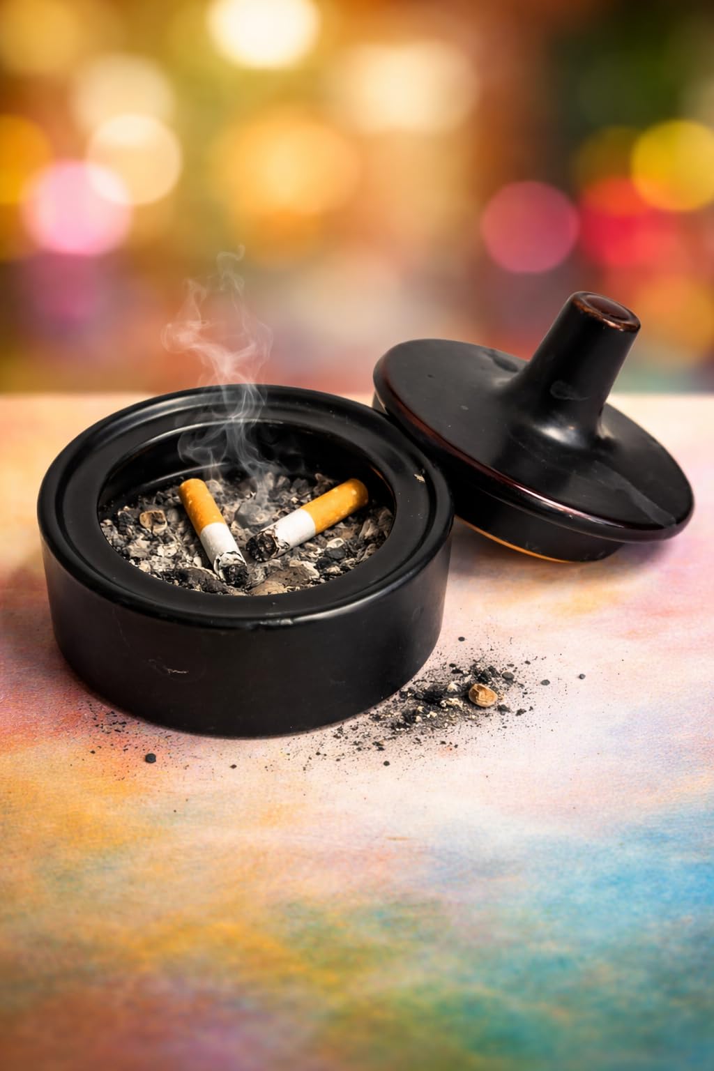 Black Ceramic Ashtray with Lid, Windproof Smoke Proof Design, Portable Table Ashtray for Home and Office-image-26