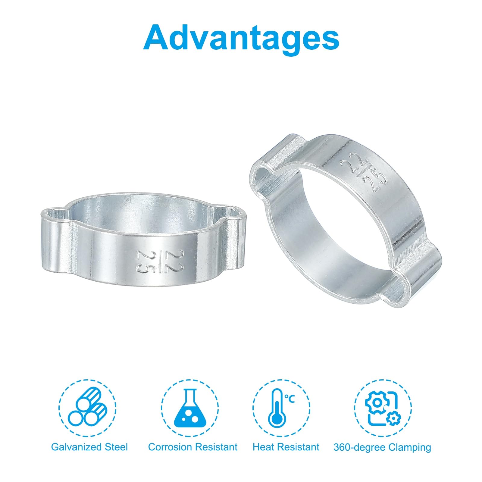 PATIKIL 25 Pack 22-25mm Double Ear Hose Clamp, Galvanized Steel O Clip Crimp Rings for Fuel Petrol Pipe Tube Fitting Connections, Silver Tone - Image 3