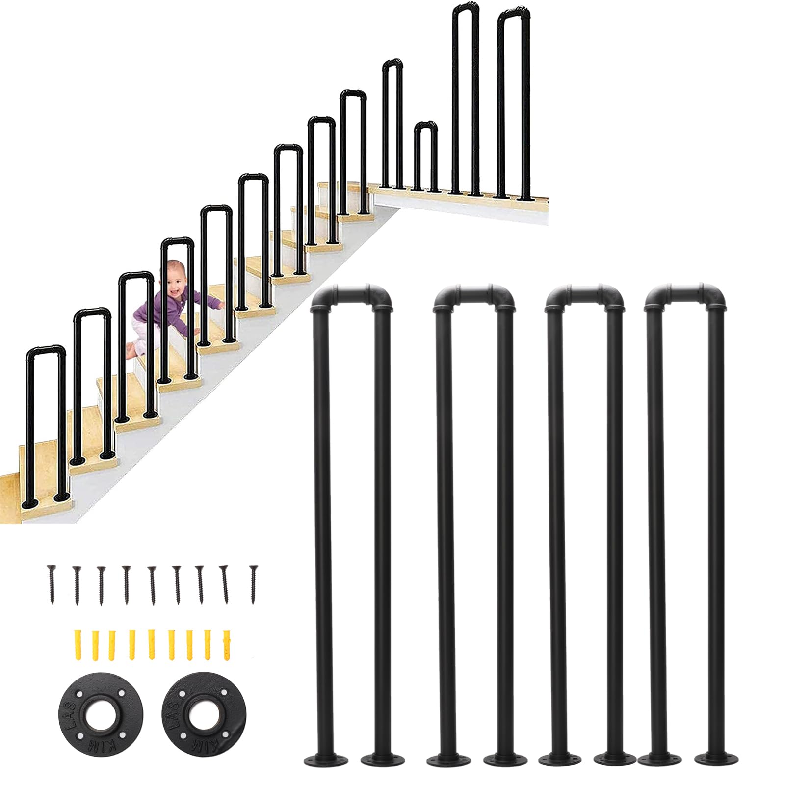 Nisorpa U-Shaped Stair Handrail Stairs Porch Deck Hand Rail U-Shaped Industrial Iron Railing Handrails for Outdoor Steps Loft Corridor Safety Non-Slip Support Railing (1 Pack)