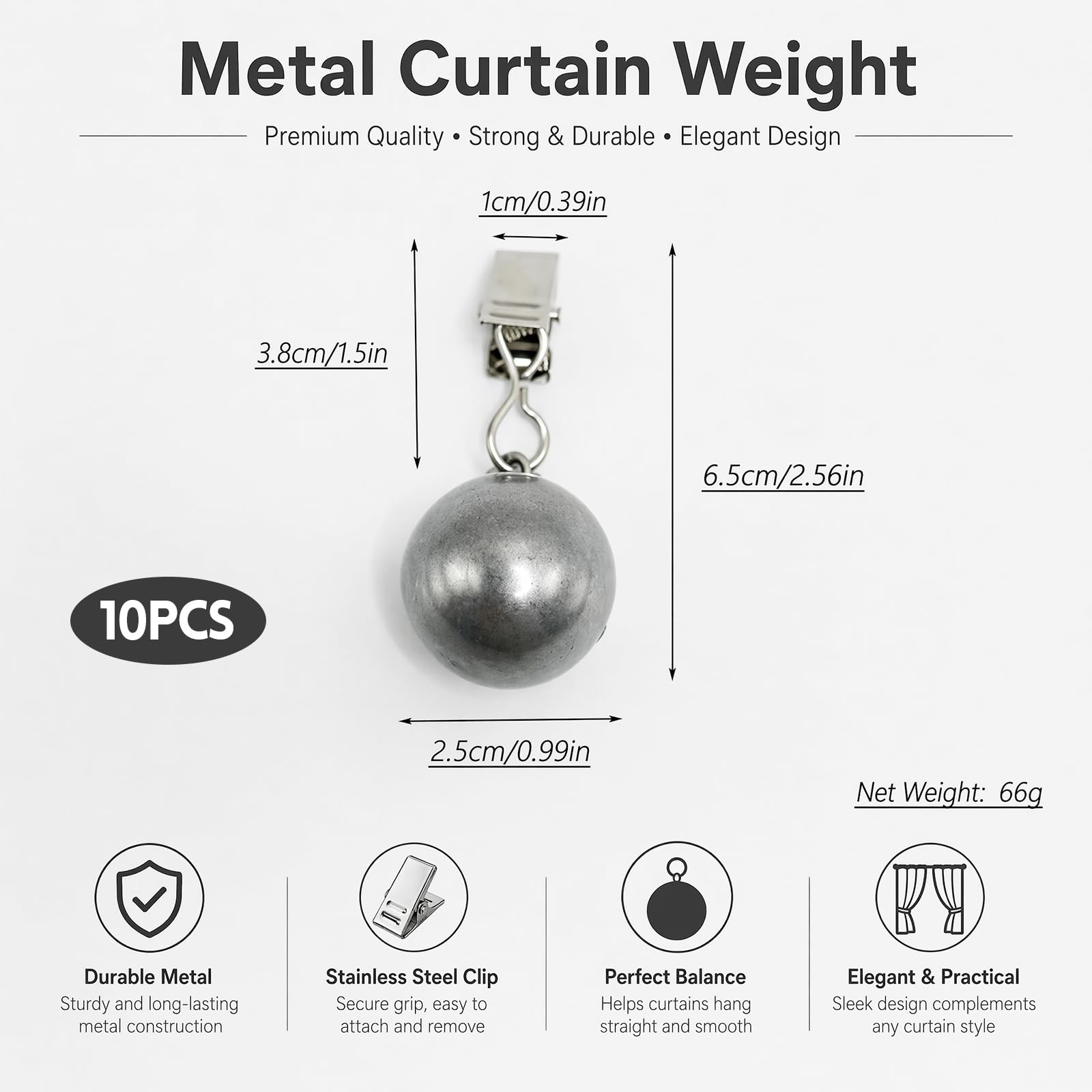 Pesi per tovaglia in Acciaio Inox Massiccio 66g, Confezione da 10 Pezzi con Clip Fissaggio, contrappesi per Tende, Bandiere, Picnic Esterni, balconi e Campeggio Giardino
