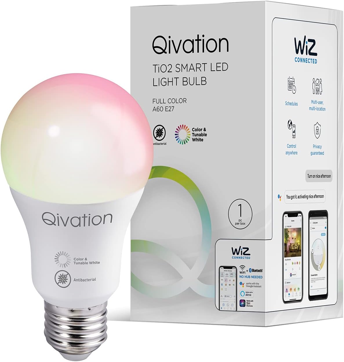 TiO2 Smart LED Light Bulb 8W 800lm E26 with 24/7 Air Purification, BLT+WiFi Smart Bulb, RGB Full Color, Compatible with Alexa & Google Assistant, No Hub Required