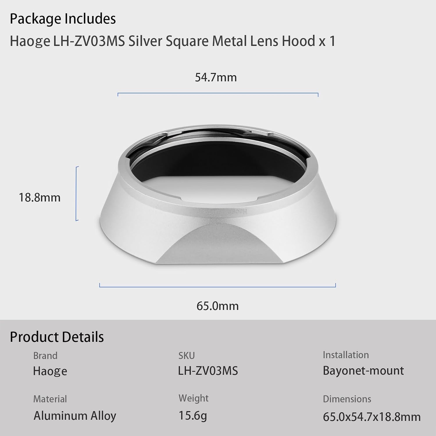 Haoge Square Metal Lens Hood for Carl Zeiss 50mm f1.5 Biogon T* 2.8/21 21mm f2.8 ZM, C Biogon T* 4.5/21 21mm f4.5 ZM, 2.8/25 25mm f2.8 ZM, 2.8/28 28mm f2.8 ZM, C Sonnar T* 1.5/50 ZM Lens LH-ZV03MS