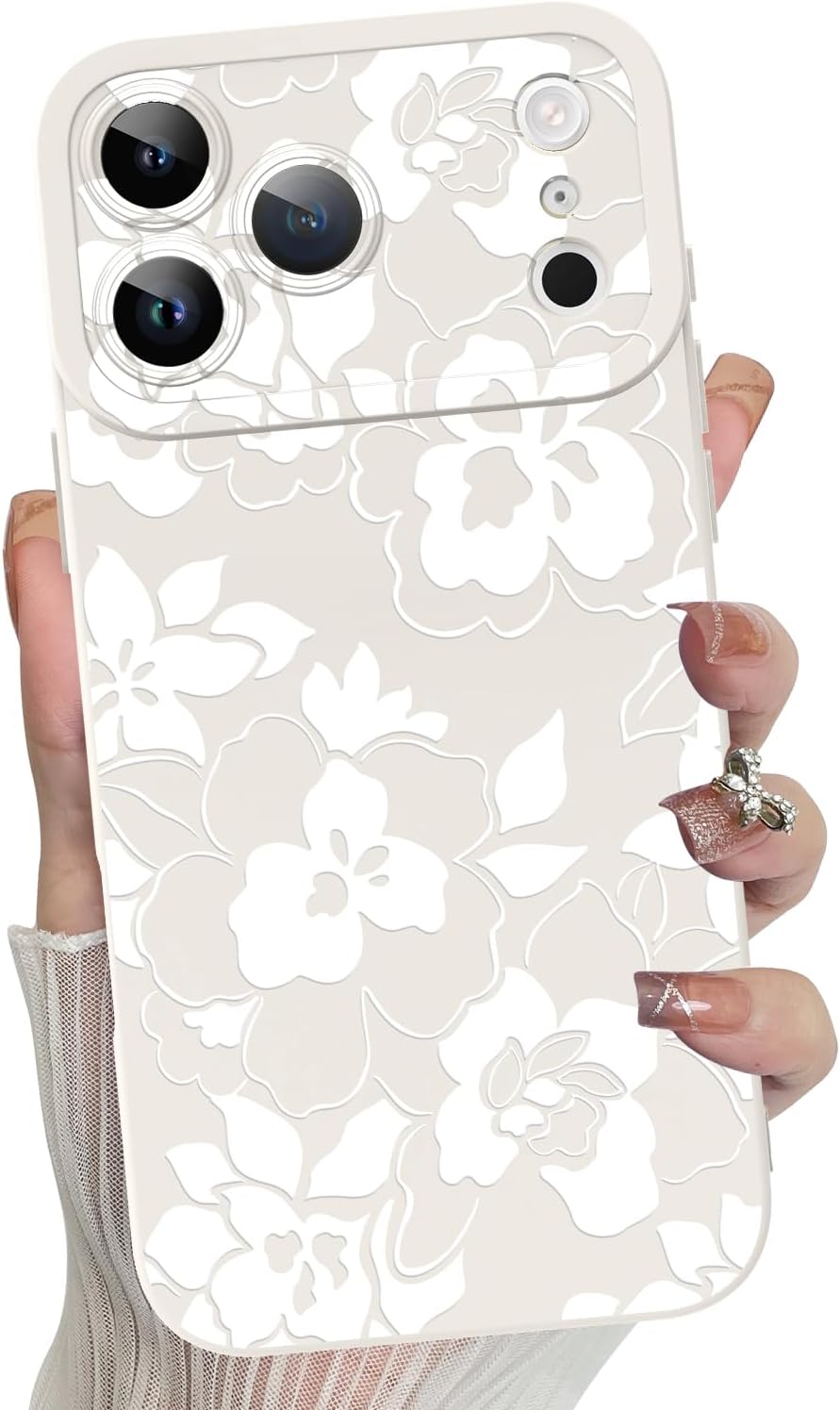 MZELQ for iPhone 17 Pro Case 2025, Silicone Rose Floral Flower Cute Pattern, Camera Protection Soft Slim Phone Cover for Girls Women -White