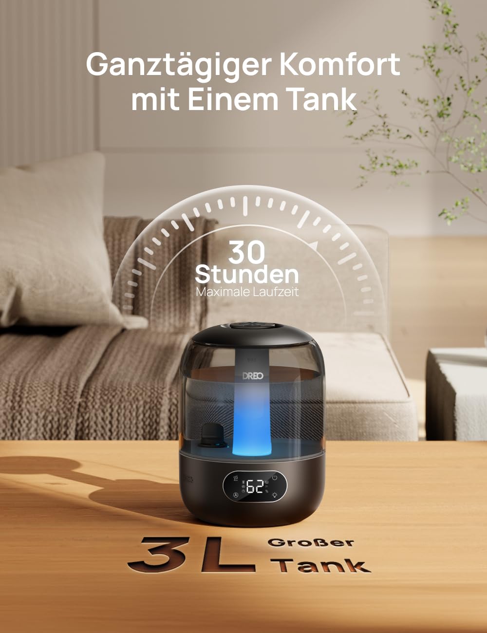Dreo Luftbefeuchter Kaltnebel-Ultraschallgerät 30h Laufzeit 3L Top-Fill-Tank Feuchtigkeitssensor Nachtlicht