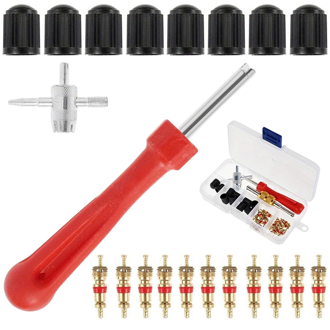 Obus Valvula, 1 Llave + 1 Extractor 4 En 1 + 20 Tapas + 20 Obturadores Para Neumáticos, Herramienta Reparación Universal Para Coche Moto Bicicleta (Caja Transparente)