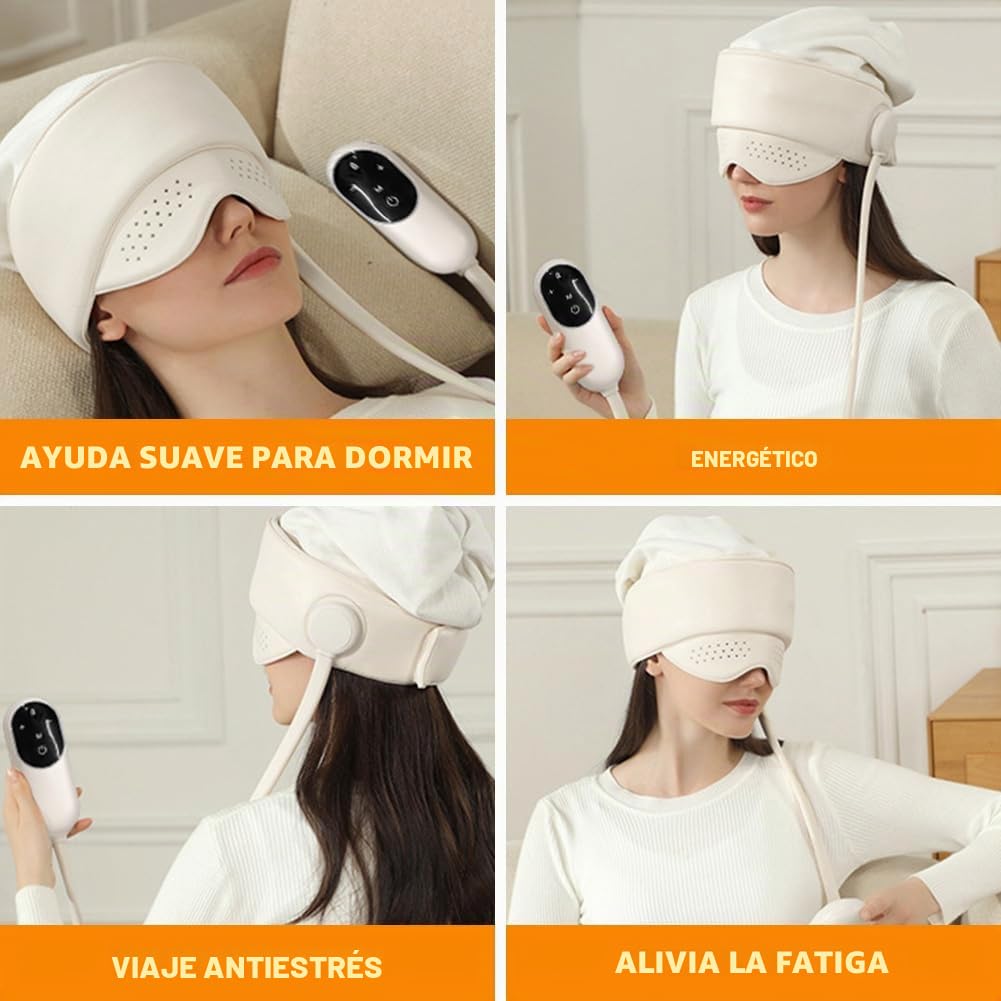 Masajeador eléctrico de cabeza con 6 zonas de presión de aire y calor ocular (38-50 °C), masajeador de cabeza eléctrico alivia dolores de cabeza/estrés, masajeador de cabeza con 3 modos para un mejor