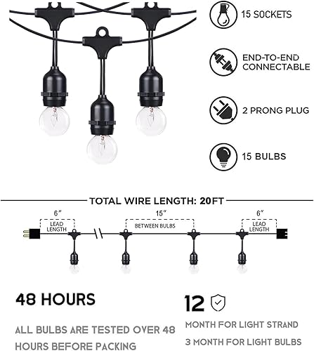 Miniatura 6 de Afirst Tira de luces para exteriores de 20 pies  Luces de patio con 15 bombillas, impermeables, conectables, Edison para iluminación exterior de