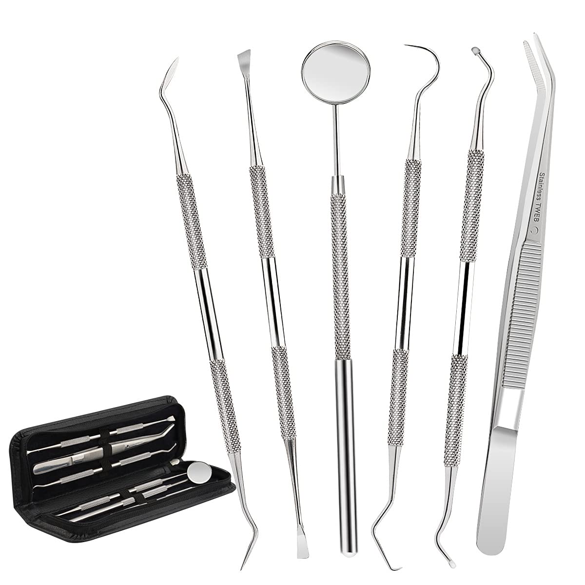 Dental Tools,Patekfly Stainless Steel 6 Pack Dental Pick Dental Floss, Dental Hygiene Tool Set,Tooth Scraper Plaque Tartar Remover Dental Tweezers Gum Floss for Personal Oral Care & Pet Use