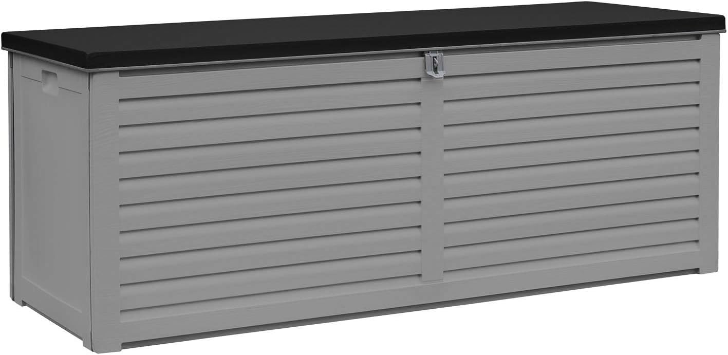AIRWAVE 390L Garden Storage Box Waterproof Plastic Outdoor Storage Box with Lockable Lid | Strong & Durable Storage Container Furniture, Toys, Tools, Cushion Store Deck Box | Grey, Wood Effect