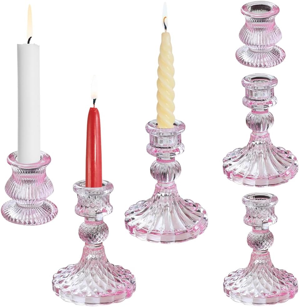 Glass Candlestick Holders Set of 6, Taper Candle Holder for Wedding Festival Christmas Party Valentine's Decor, Table Centerpieces (Amber)