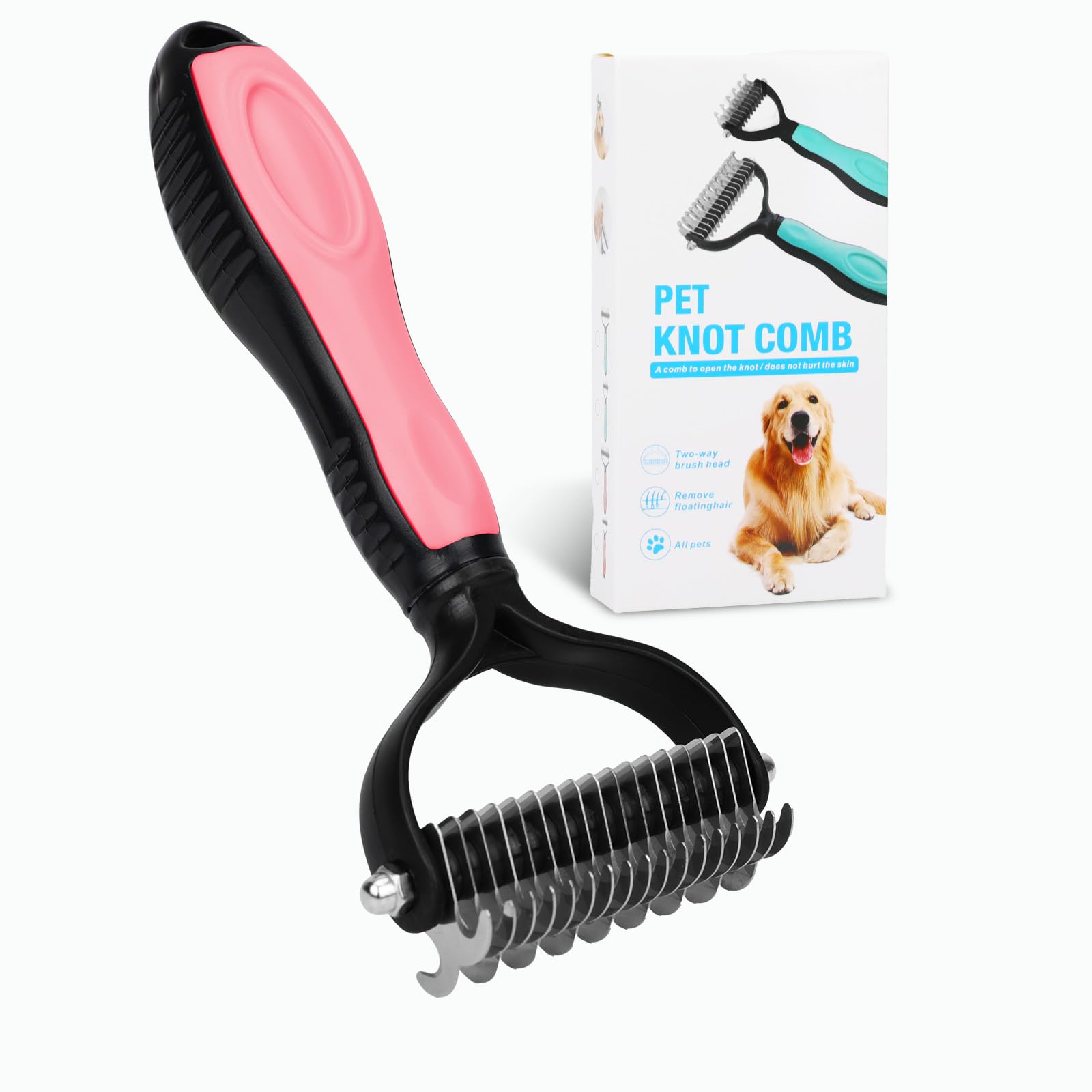 Jint Xian Pet Grooming Tool- 2 Sided Undercoat Rake for Dogs &Cats-Safe and Effective Dematting Comb for Mats&Tangles Removing (Pink)
