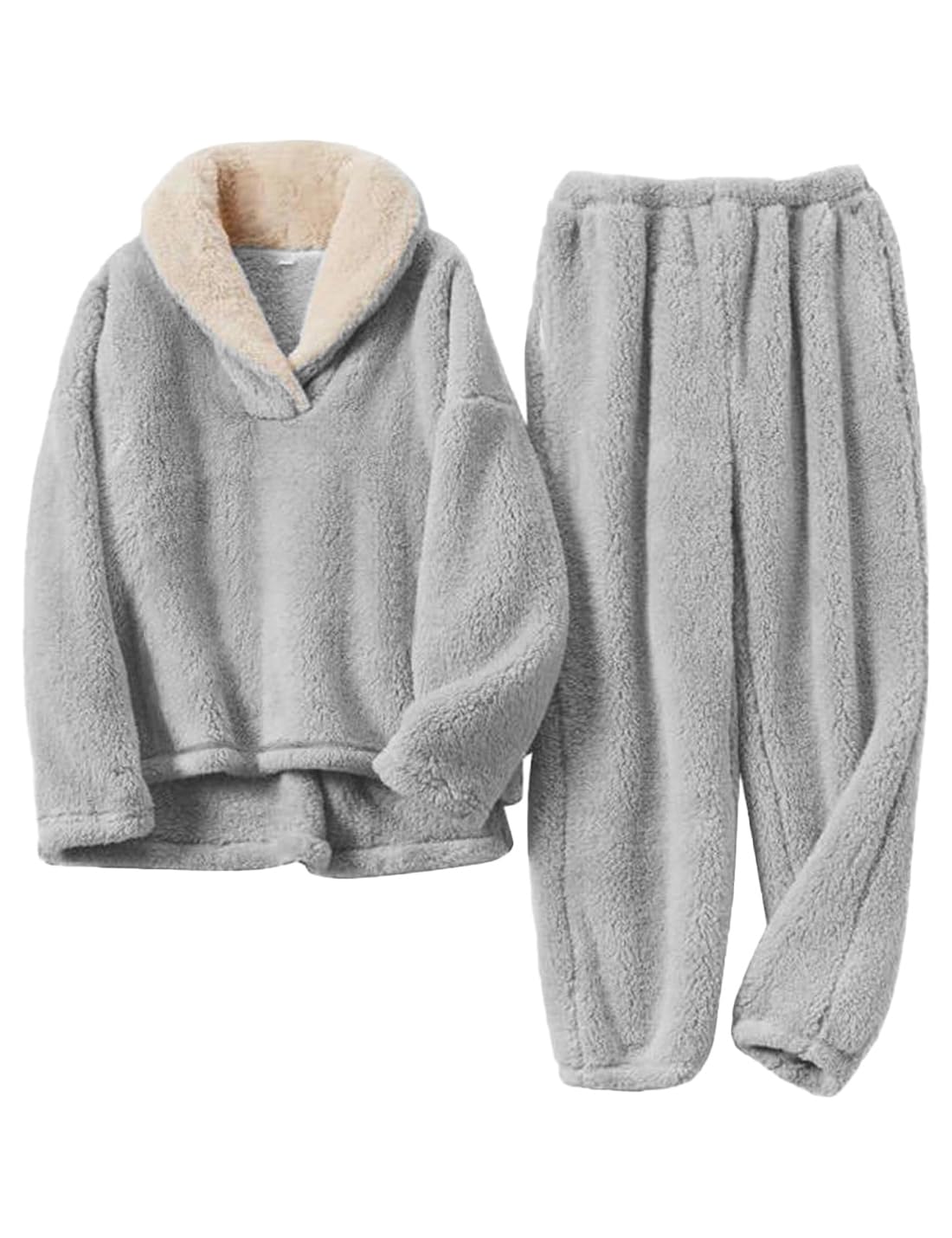 Womens 2 Piece Fluffy Pajama Lounge Set Loose Pullover Pants Sleepwear with Pockets