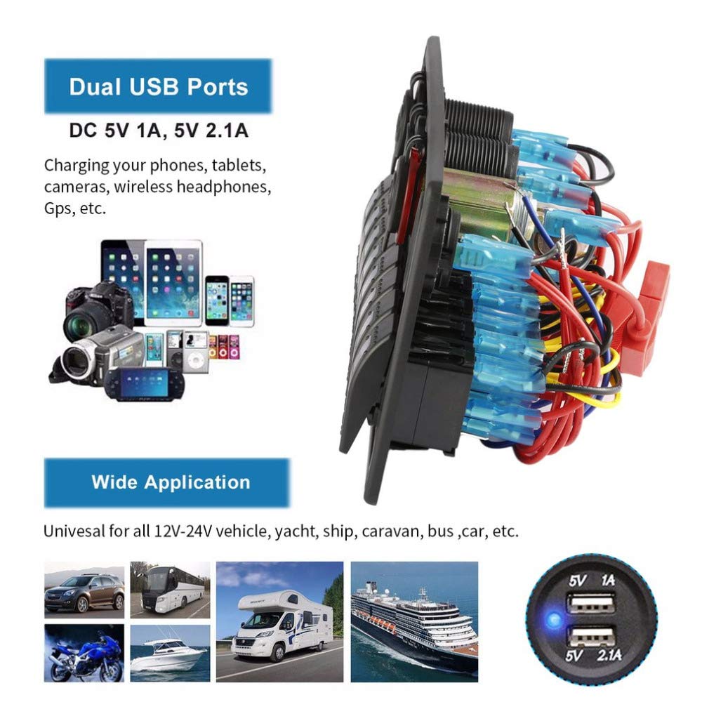 Pannello interruttori a bilanciere per marina/barca, 8 interruttori a levetta impermeabili con Voltmetro digitale e adattatore di alimentazione 3,1A Dual USB e presa accendisigari da 12V